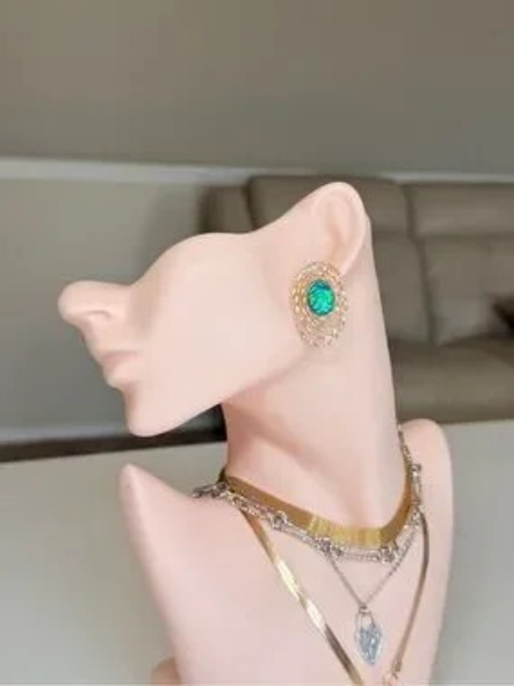 Gold-Tone Earrings with Green Opal Center - Women Jewelry